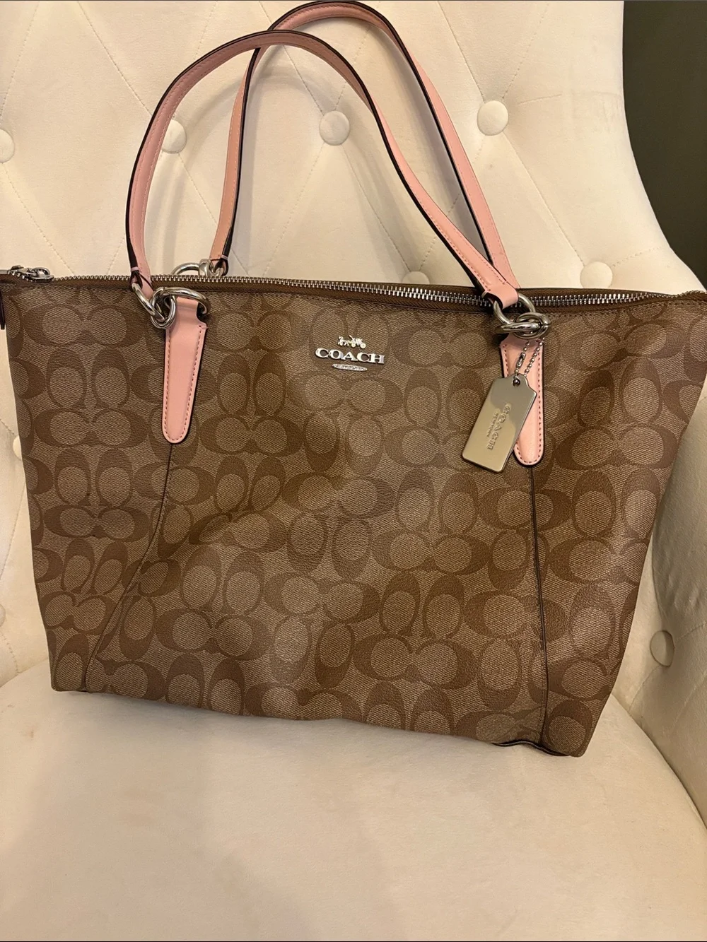 COACH Brown Signature Tote with Pink Trim and Handles